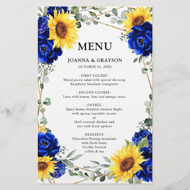 Royal Blue Sunflower Menu Mariage géométrique (Devant)