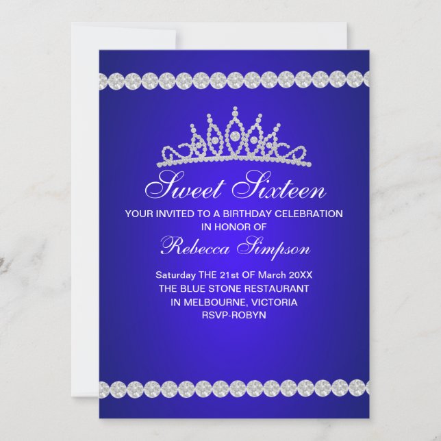 Royal Blue Tiara Sweet sixteen Invitation d'annive (Devant)