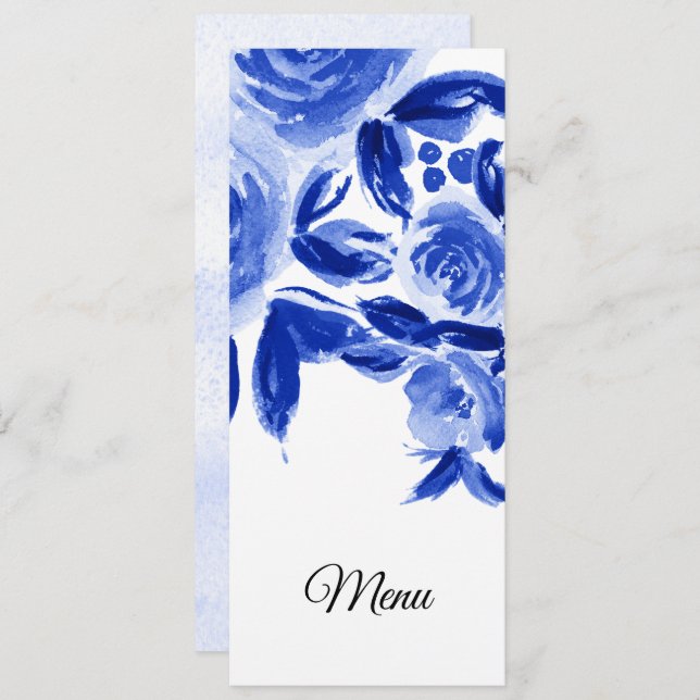 Royal Blue Watercolor Floral Mariage Cartes de men (Devant / Derrière)
