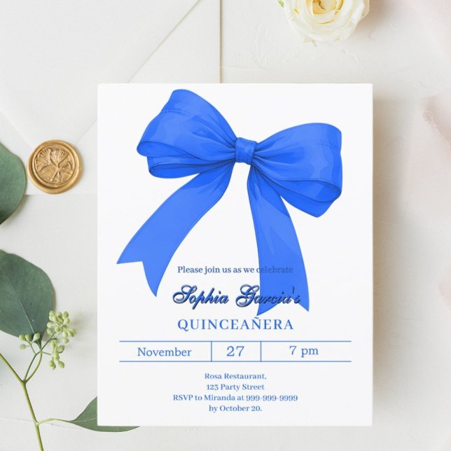 Royal blue white bow Quinceanera invitation (Créateur téléchargé)