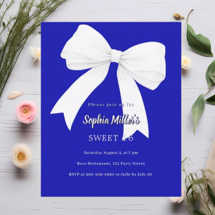 Royal blue white bow Sweet 16 invitation