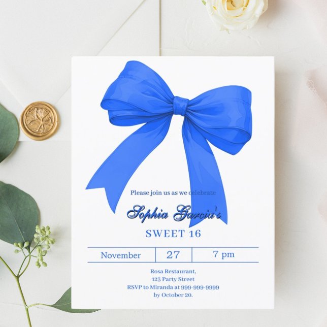 Royal blue white bow SWEET 16 invitation (Créateur téléchargé)