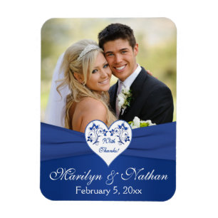 Royal Blue White Floral Heart Mariage Photo Magnet
