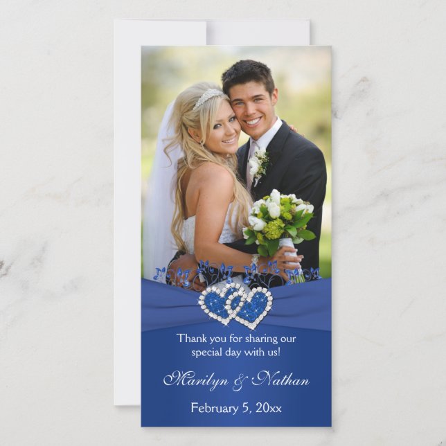 Royal Blue, White Floral Hearts Mariage Carte phot (Devant)
