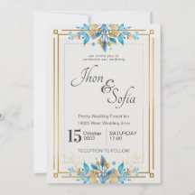 Royal Blue White Gold Floral Faire-part de mariage