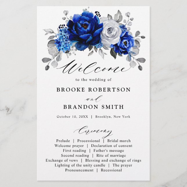 Royal Blue White Silver Floral Wedding Programme (Devant)