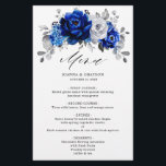 Royal Blue White Silver Metallic Mariage Menu<br><div class="desc">Elégant menu mariage à thème bleu royal blanc argent avec élégant bouquet de bleu royal,  marine,  argent,  couleur blanche pure des bourgeons de fleurs roses et sauge vert eucalyptus feuilles. Veuillez me contacter pour toute aide sur la personnalisation ou si vous avez besoin d'un autre produit avec ce design.</div>