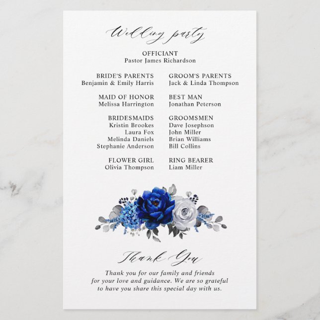 Royal Blue White Silver Metallic Wedding Programme (Dos)