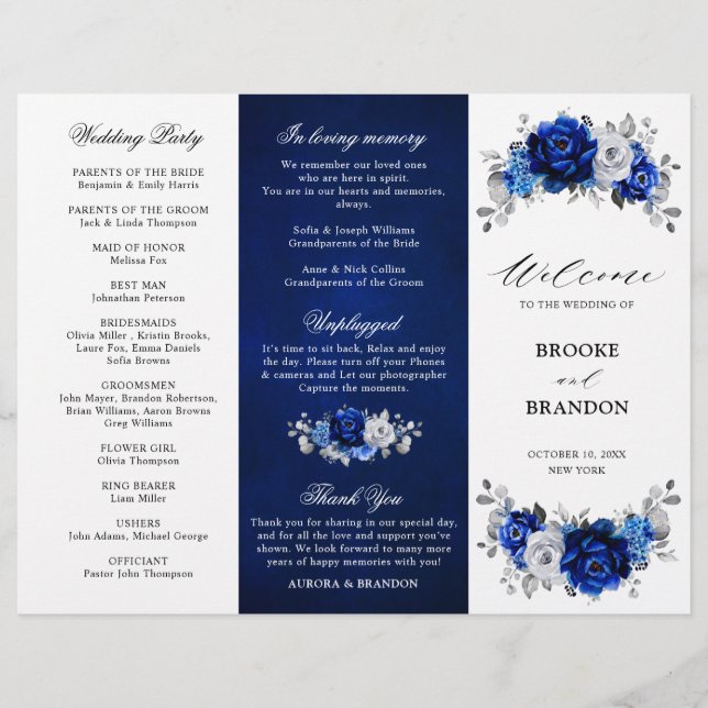 Royal Blue White Silver Tri-fold Wedding Programme (Devant)