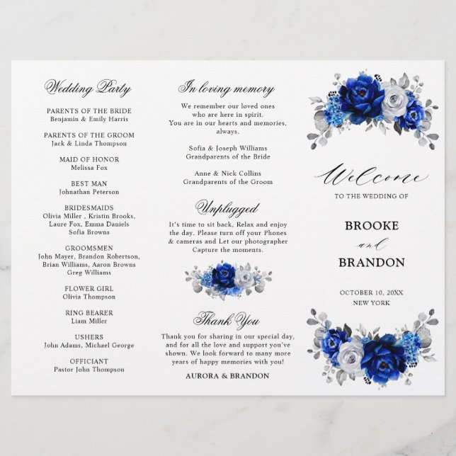 Royal Blue White Silver Tri-fold Wedding Programme (Devant)