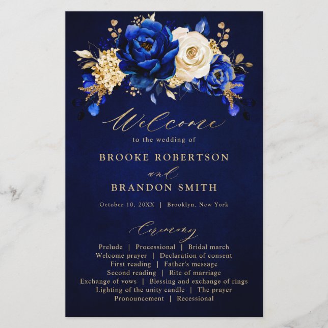 Royal Blue Yellow Gold Floral Wedding Programme (Devant)