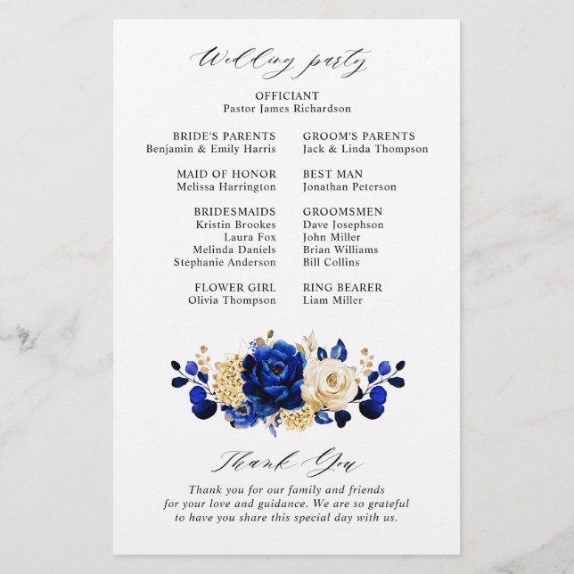 Royal Blue Yellow Gold Floral Wedding Programme (Dos)