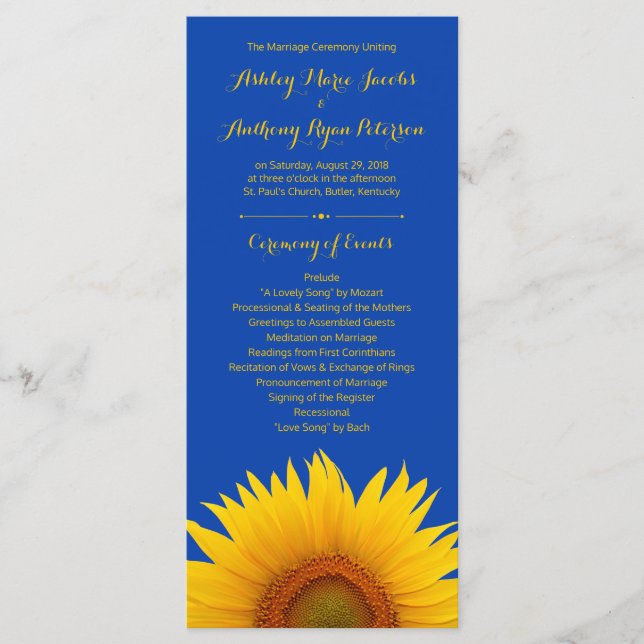 Royal Blue Yellow Sunflower Programme de mariage (Devant)