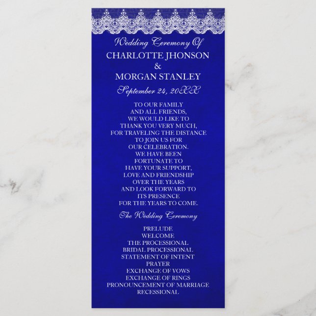 Royal Cobalt Blue White Lace Wedding Programme de  (Devant)