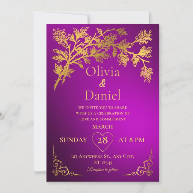 Royal Dark Purple & Gold Floral Faire-part de mari (Devant)