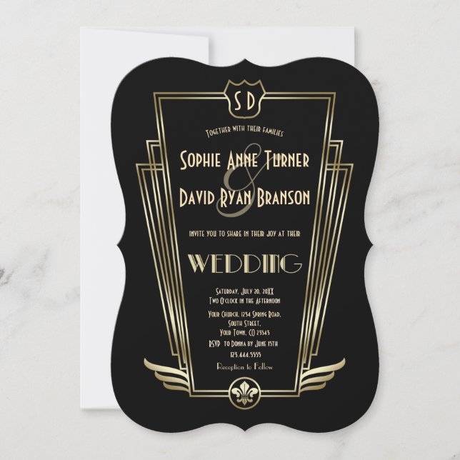 Royal Gold Art Déco Monogramme Mariage Invitation (Devant)