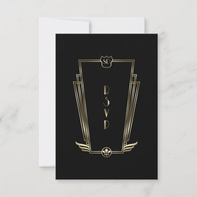 Royal Gold Black Art Déco Monogramme Mariage RSVP (Devant)