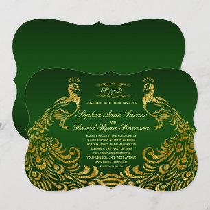 Royal Green Faux Gold Peacock Faire-part de mariag