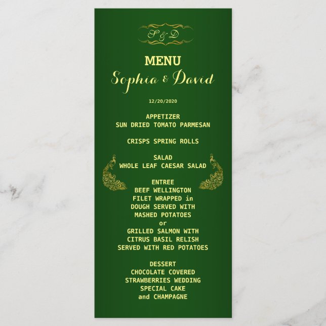 Royal Green Gold Peacock Mariage Menu personnalisé (Devant)