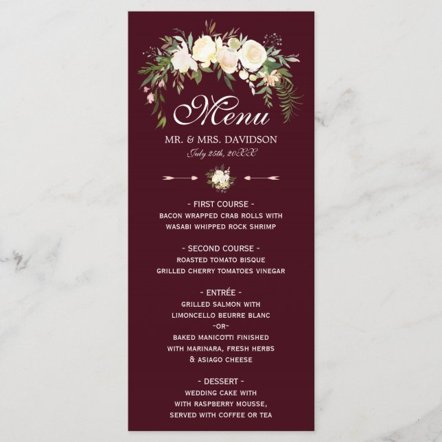 Royal Ivory Floral Crest Bourgogne Menu Mariage (Devant)