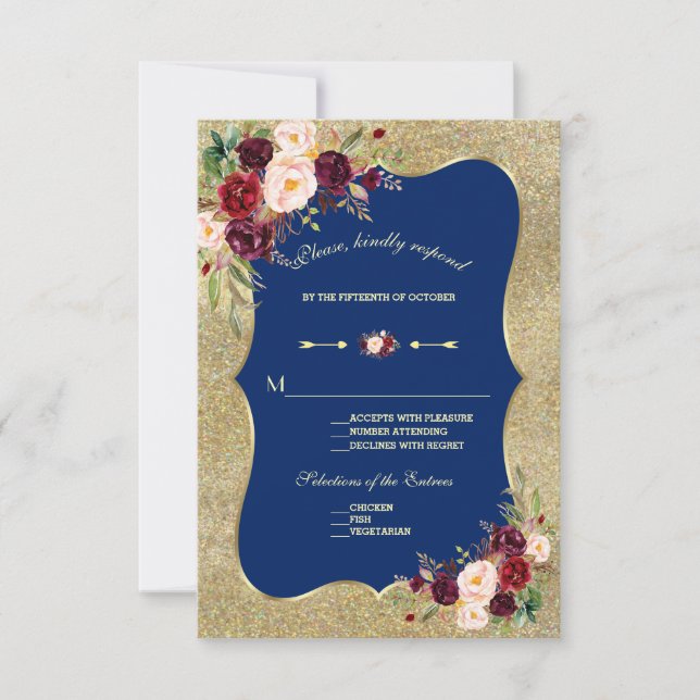 Royal Navy Blue Blush Floral Gold Wedding RSVP (Devant)