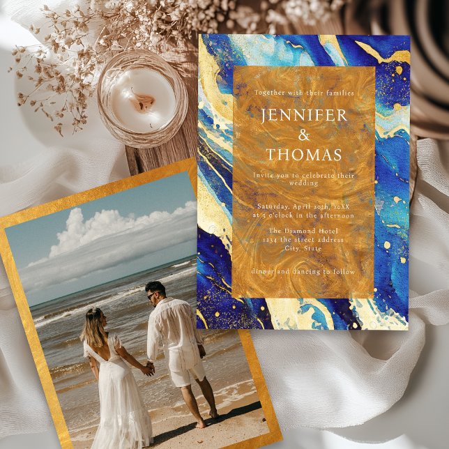 Royal Navy Blue Gold Faire-part de mariage avec ph (Créateur téléchargé)