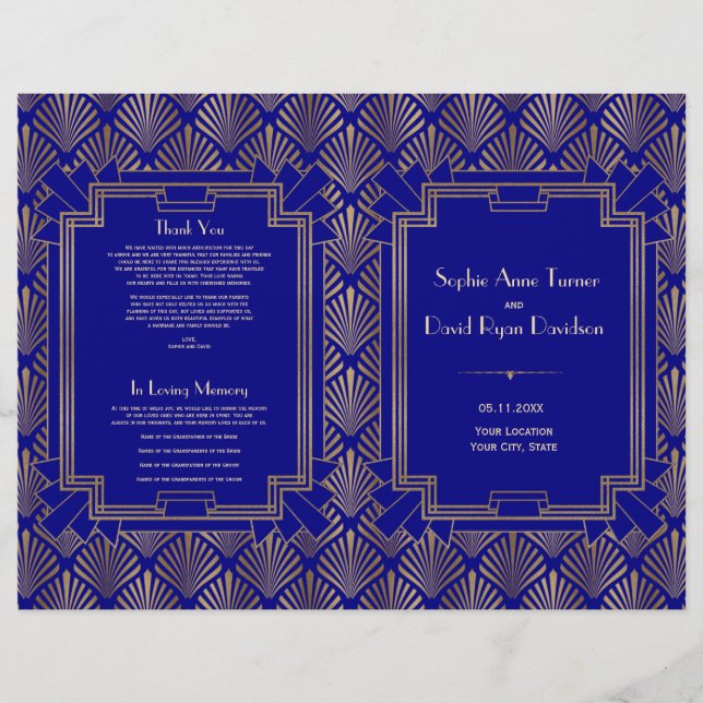 Royal Navy Blue Gold Great Gatsby Art Déco Program (Devant)