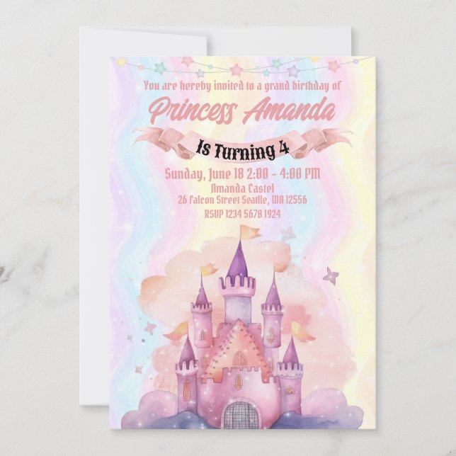 Royal Princess Invitation Anniversaire fille rose (Devant)