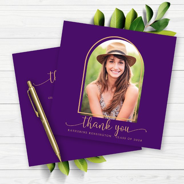 Royal Purple Gold Arch Merci de graduation photo (Royal Purple Gold Arch Photo Graduation Thank You Card)