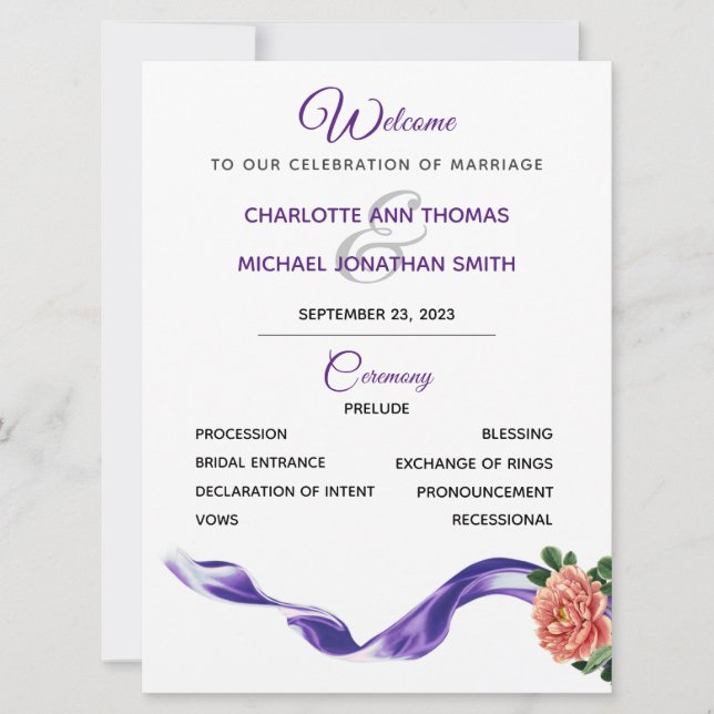 Royal Purple Ribbon Wedding Programme (Devant)
