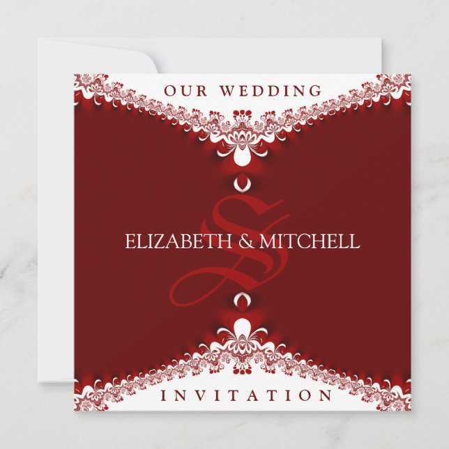 Royal Red+White Lace Monogramme Mariage Invitation (Devant)