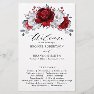 Royal Red White Silver Floral Wedding Programme