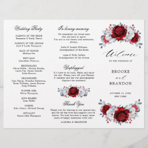 Royal Red White Silver Floral Wedding Programme