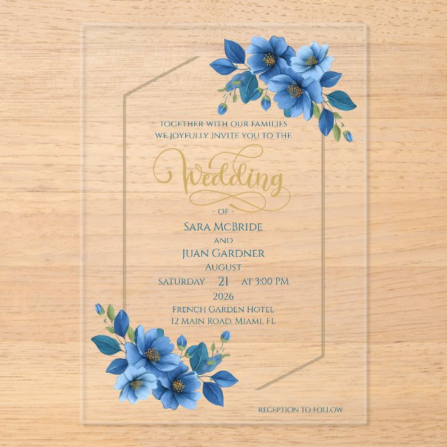 Royal Sapphire Floral Acrylic Wedding Invitation (Recto)