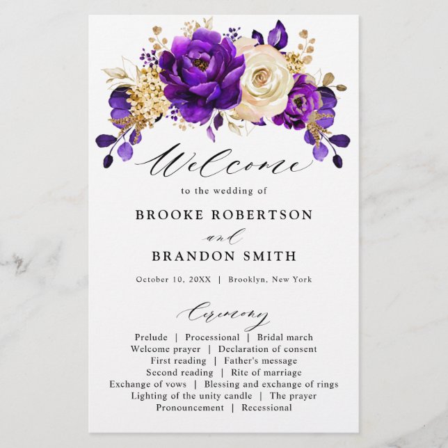 Royal Violet violet or Floral Wedding Programme (Devant)