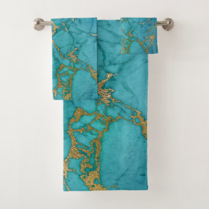 ROYAUME BLEU AQUA OR MARBRE 2 SERVIETTES DE SALLE 