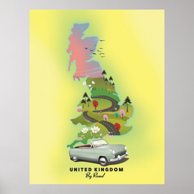 Royaume-Uni "By Road" Affiche de voyage vintage. (Devant)