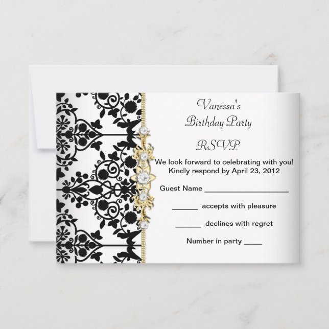 RSVP Anniversaire Damassé Or Noir Blanc Floral (Devant)