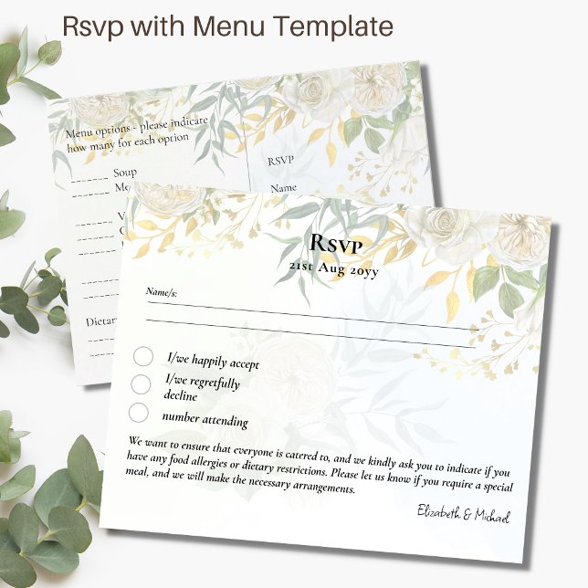 RSVP avec menu Modèle Roses blanches Verdure (Créateur téléchargé)