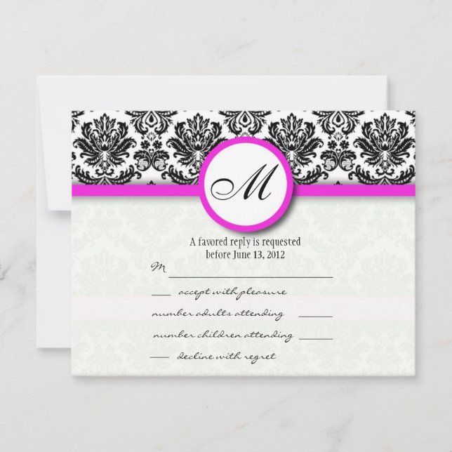 RSVP avec Monogramme noir et rose chaud Damas (Devant)