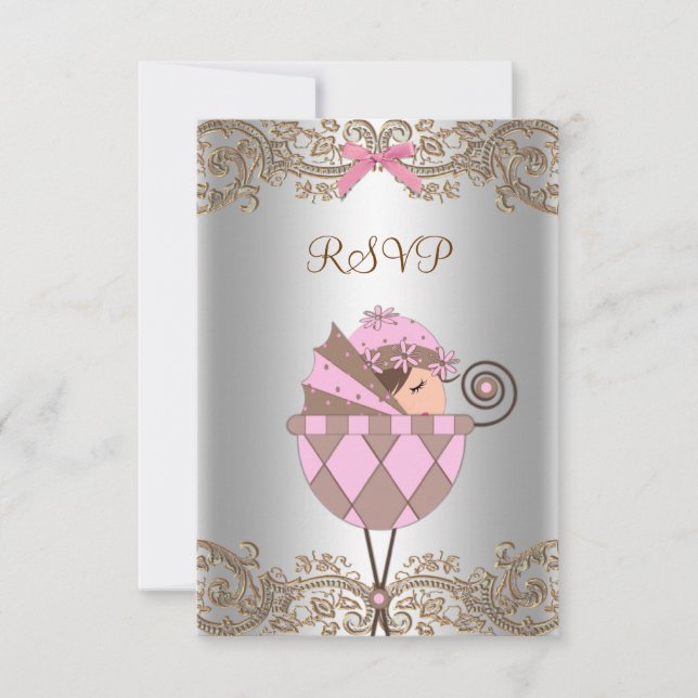 RSVP Baby Shower Fille Dentelle Rose Marron (Devant)