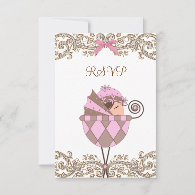 RSVP Baby Shower Fille Dentelle Rose Marron (Devant)
