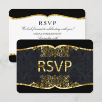 RSVP Black Gold Damask Elegant Wedding Invitation