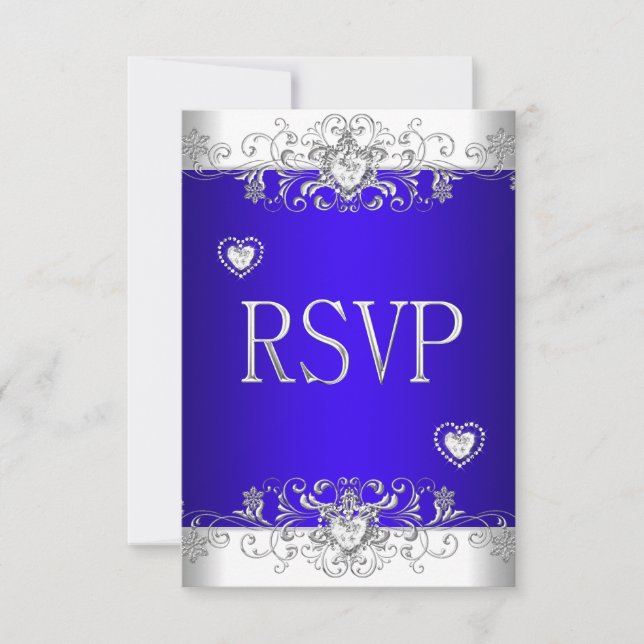RSVP Bleu Royal Mariage Blanc Diamants Cœurs (Devant)