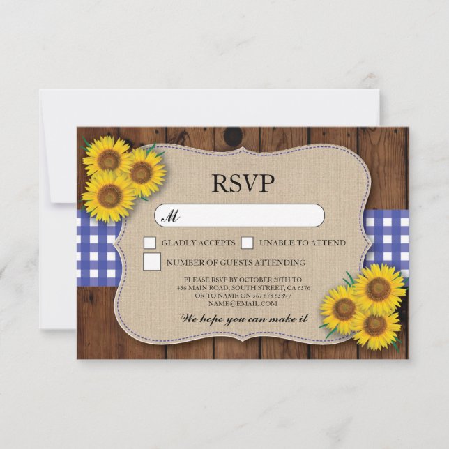 RSVP Burlap Mariage Bois Rustique Bleu Cartes de c (Devant)