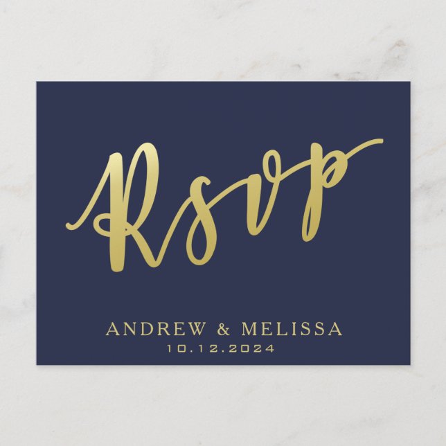RSVP | Carte postale Marine Blue & Faux Gold Scrip (Devant)