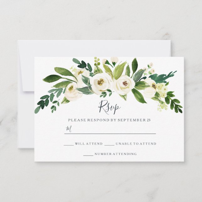 RSVP de mariage de jardin floral blanc moderne (Devant)