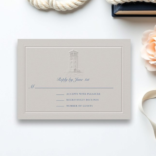 RSVP de mariage élégant et phare nautique côtier (coastal wedding rsvp lighthouse formal traditional double frame modern classic faux embossed)