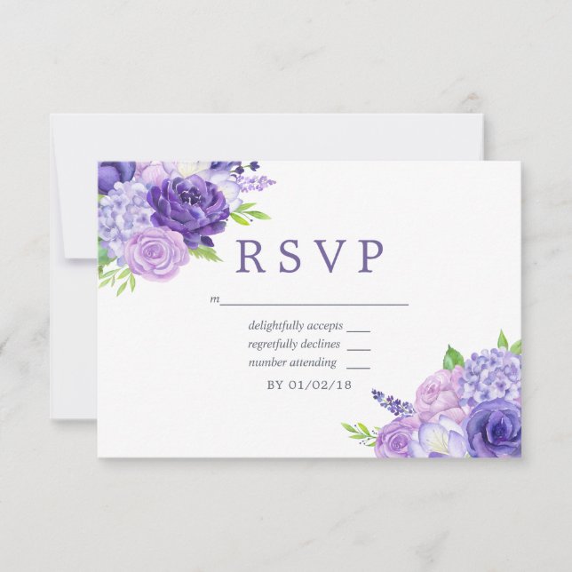 RSVP de mariage floral à thème Ultra Violet (Devant)