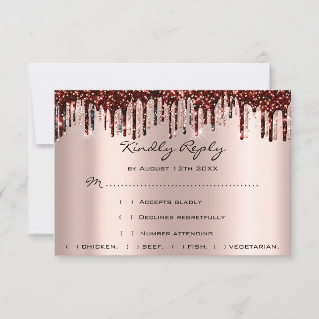 RSVP de mariage gouttes d'or rose bordeaux (Devant)